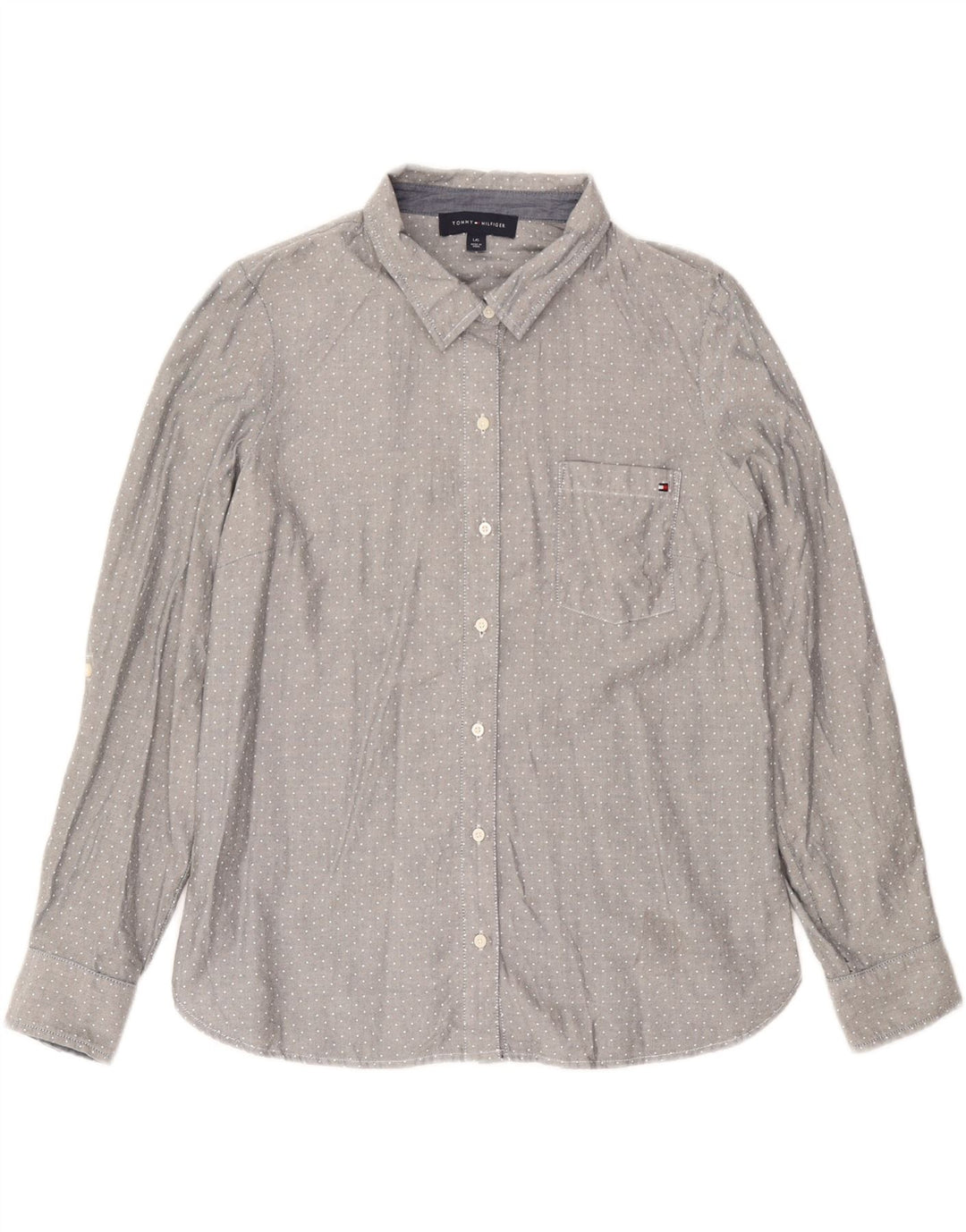 Camisa feminina TOMMY HILFIGER Reino Unido 16 grande algodão manchado cinza