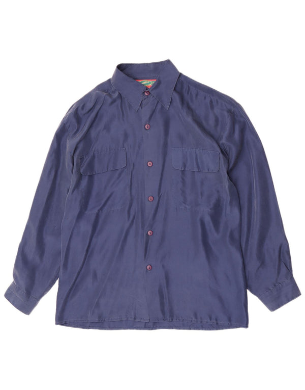 Camisa masculina vintage média azul marinho seda