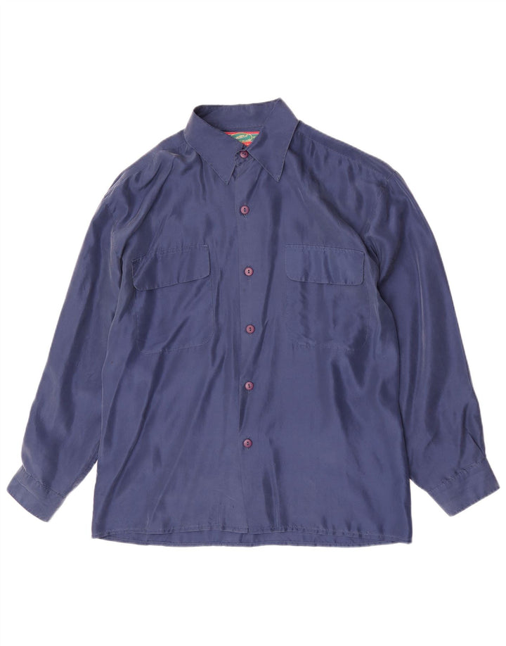 Camisa masculina vintage média azul marinho seda