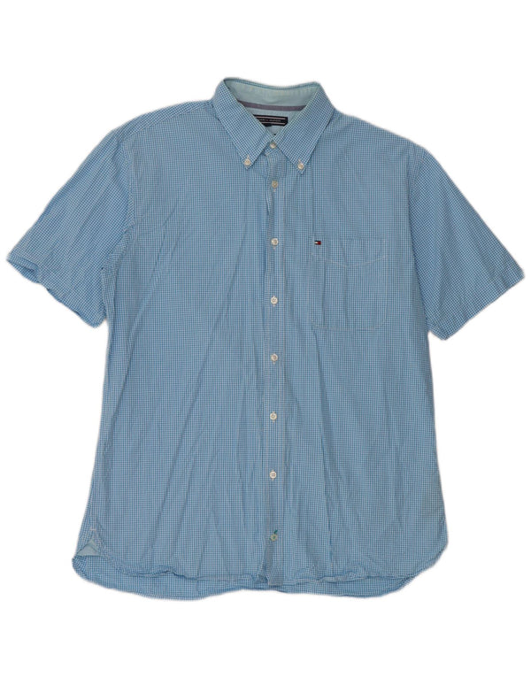 Camisa masculina Tommy Hilfiger de manga curta com ajuste personalizado grande algodão guingão azul