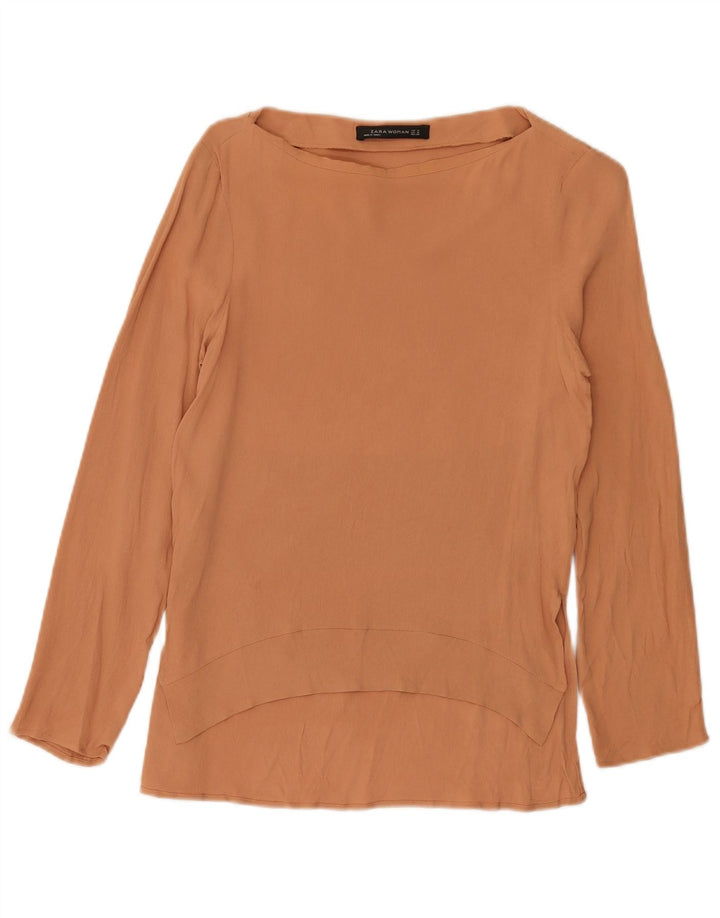Top feminino Zara manga comprida UK 12 viscose marrom médio