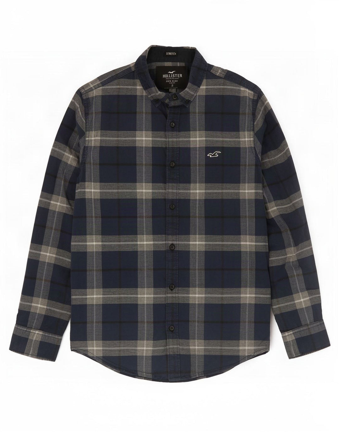 Camisa masculina elástica Hollister pequena xadrez azul marinho de algodão