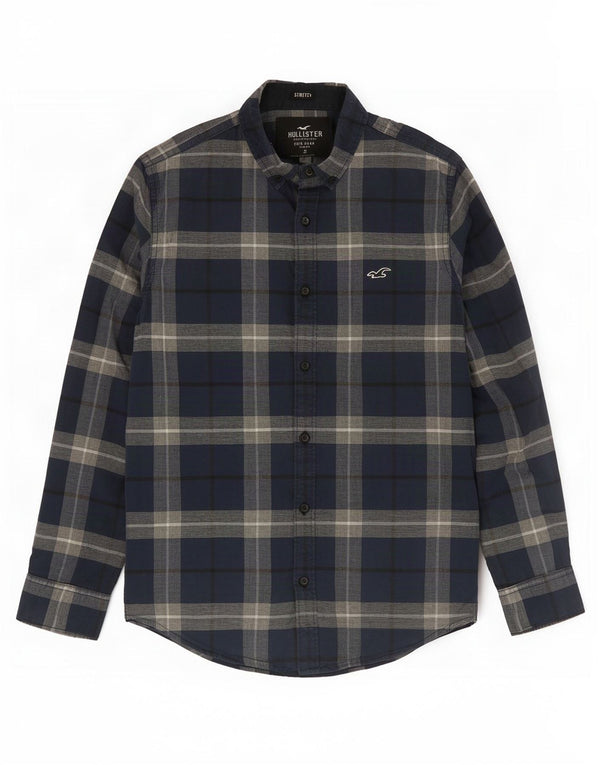 Camisa masculina elástica Hollister pequena xadrez azul marinho de algodão