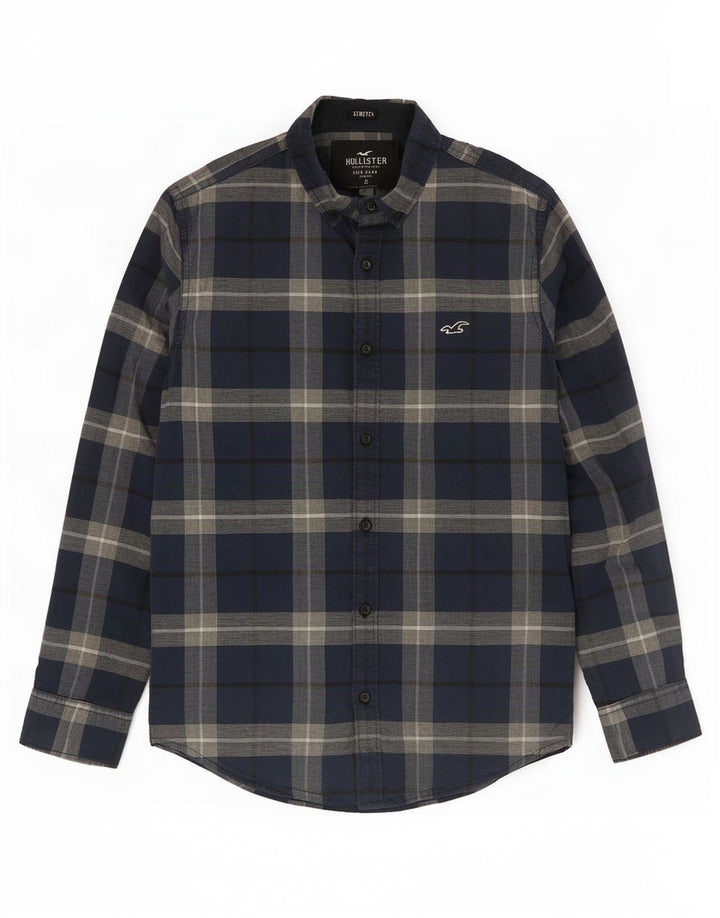 Camisa masculina elástica Hollister pequena xadrez azul marinho de algodão