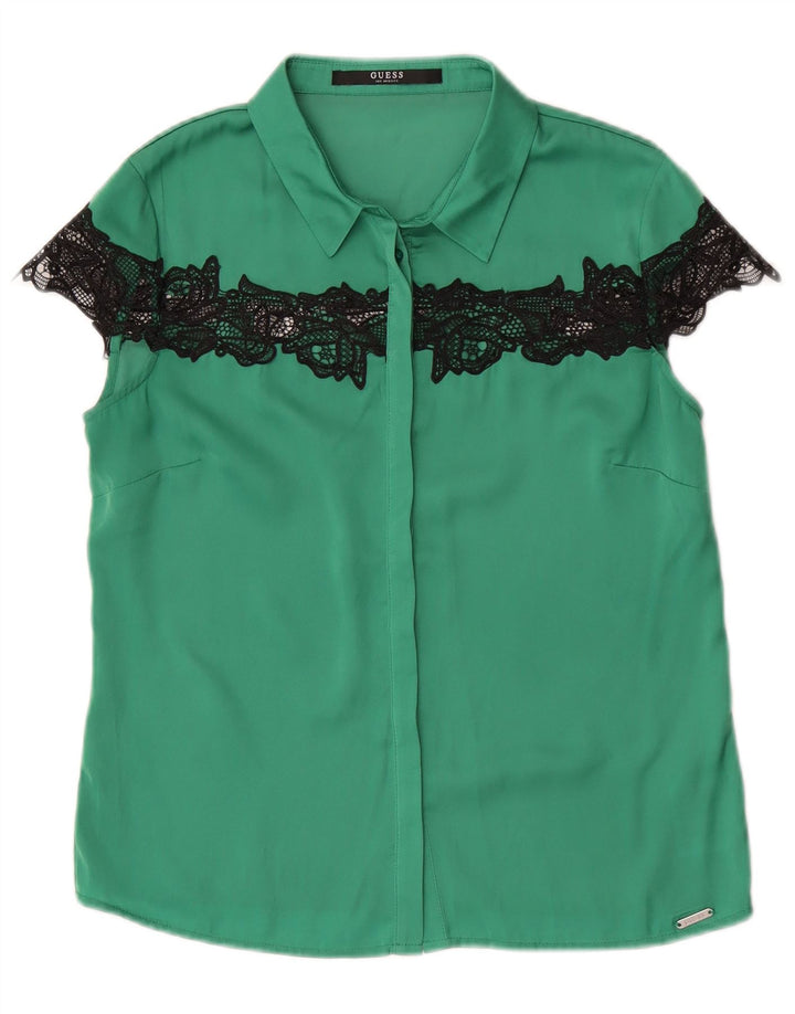 Blusa feminina de manga curta Guess Reino Unido 10 poliéster verde pequeno