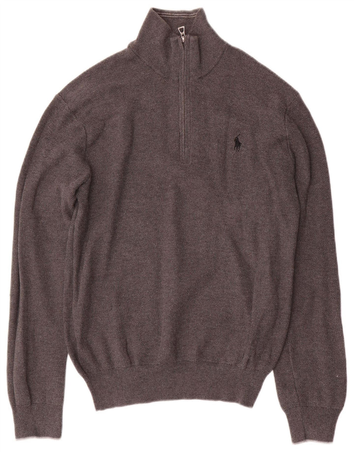 Suéter masculino Polo Ralph Lauren com zíper e gola em algodão cinza médio
