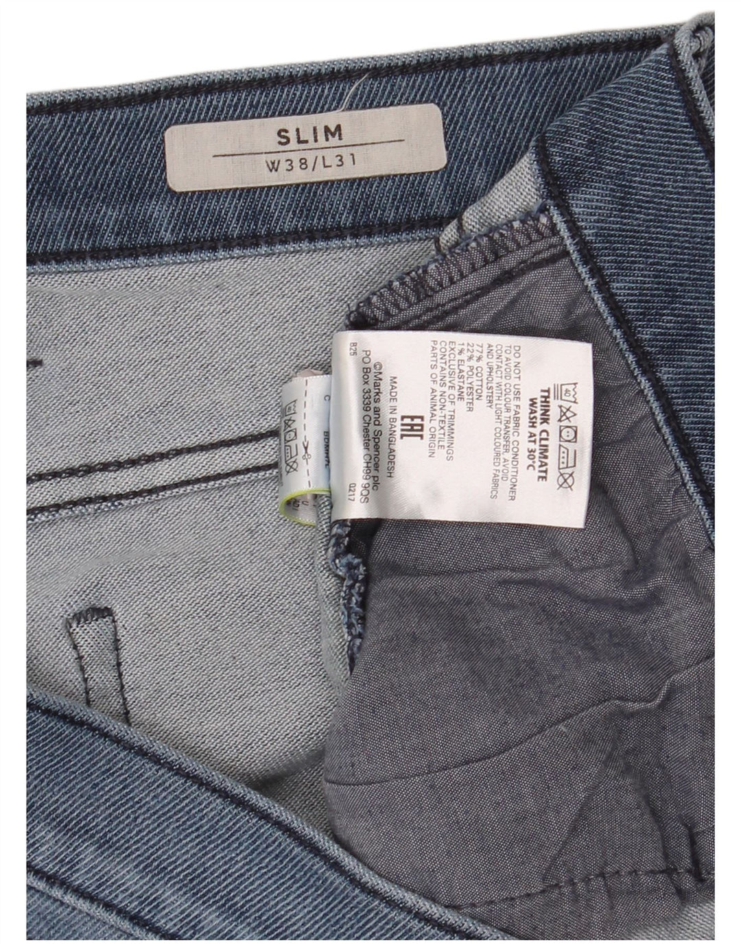 Marks & Spencer Mens Slim Jeans W38 L31 Azul Algodão