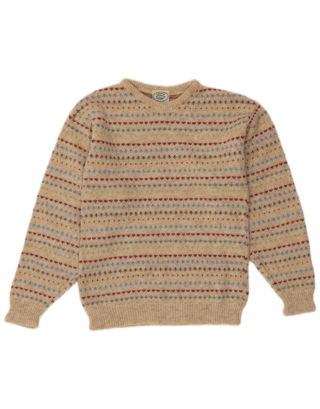 Suéter feminino LAURA ASHLEY com gola redonda Reino Unido 10 pequeno bege Fair Isle