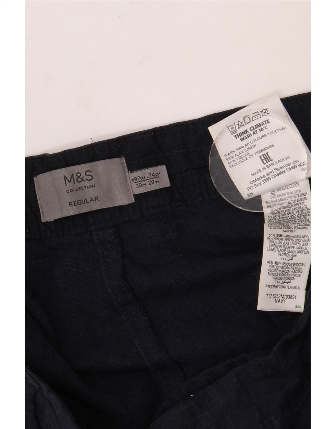 Calça chino masculina MARKS & SPENCER regular fit W38 L29 linho azul marinho
