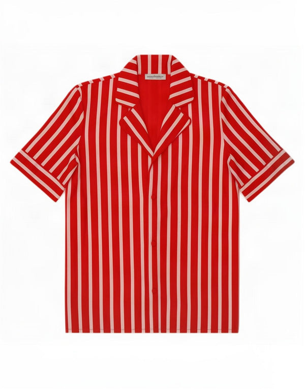 Camisa feminina de manga curta Zara Reino Unido 10 pequena viscose listrada vermelha