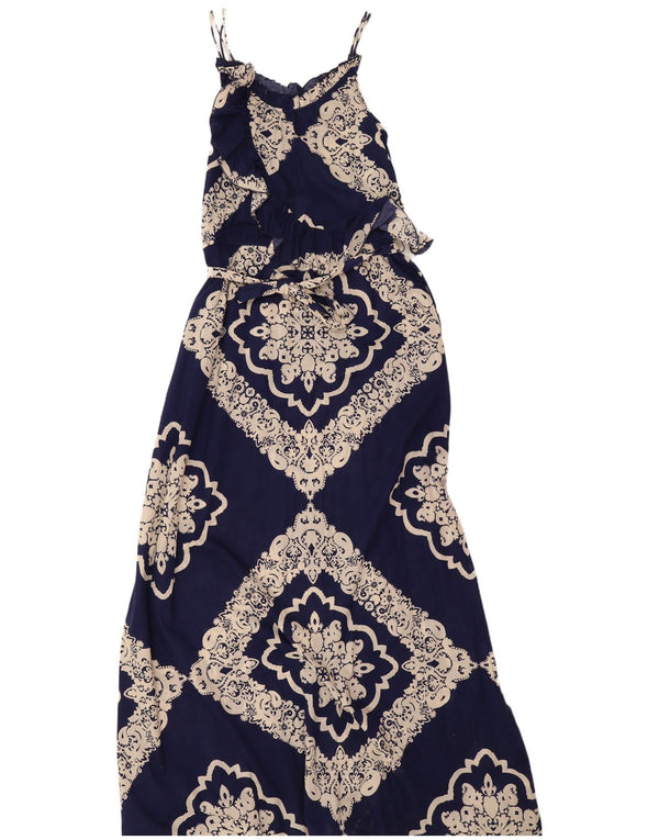 Vestido maxi feminino com babados Tommy Hilfiger Reino Unido 12 médio azul marinho paisley
