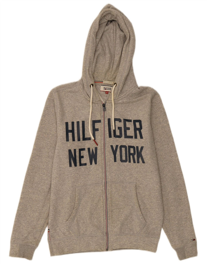 TOMMY HILFIGER Suéter masculino com capuz e zíper gráfico pequeno algodão cinza