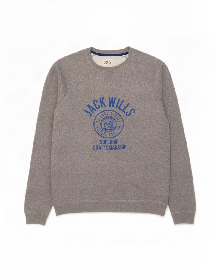 Jack Wills moletom gráfico masculino jumper médio cinza algodão manchado