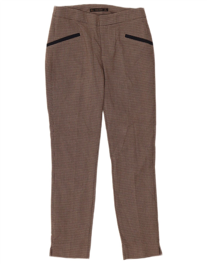 Zara Calça feminina casual slim pequena W26 L28 marrom xadrez