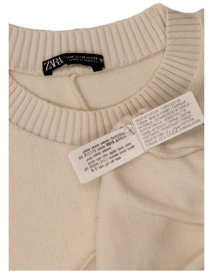 Suéter feminino Zara com gola redonda e gola redonda, Reino Unido 14, médio, branco, poliéster