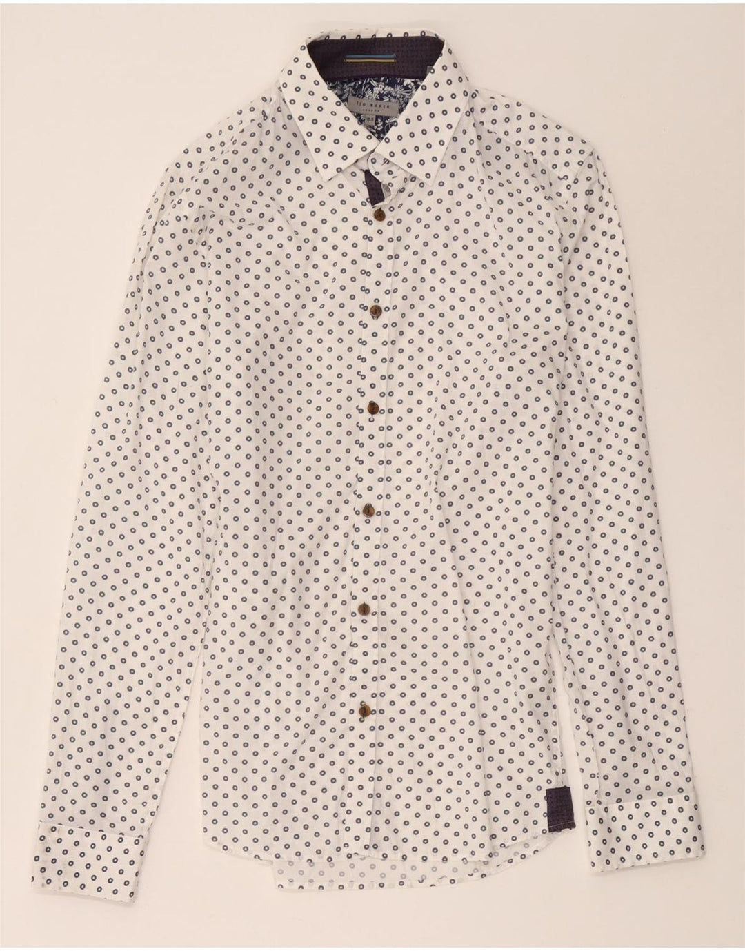 Camisa masculina Ted Baker tamanho 15 1/2 algodão geométrico branco médio