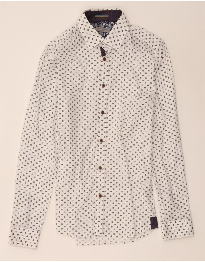 Camisa masculina Ted Baker tamanho 15 1/2 algodão geométrico branco médio