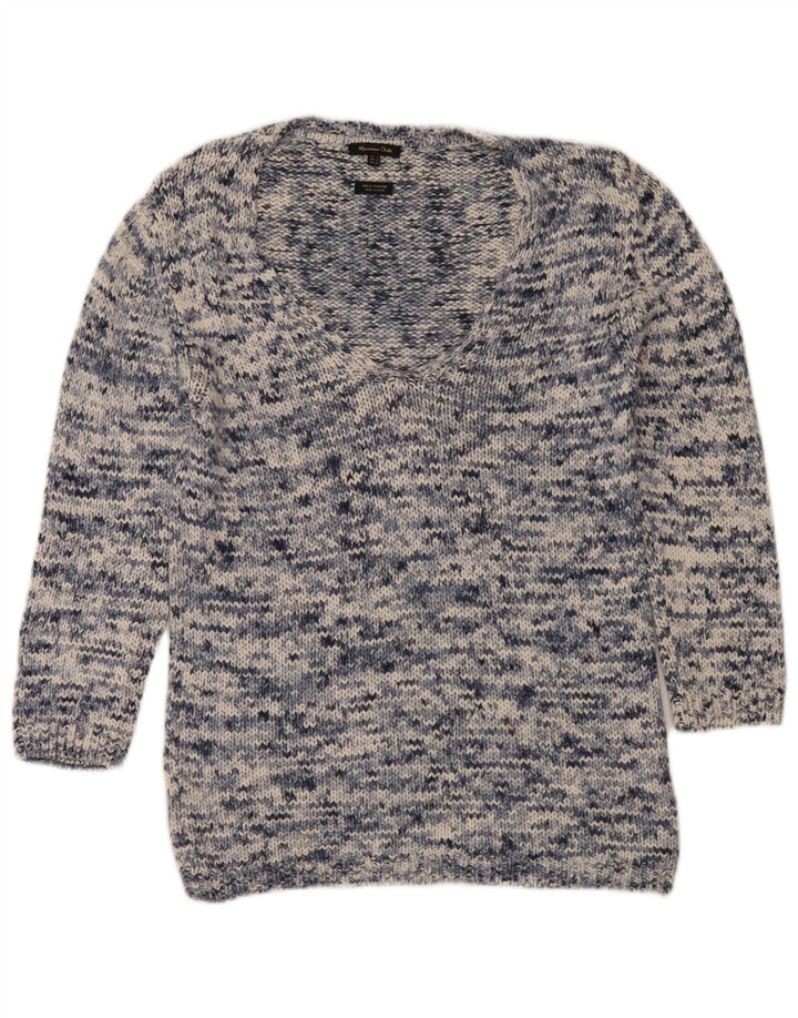 Suéter feminino Massimo Dutti com decote em V Reino Unido 14 médio azul marinho manchado