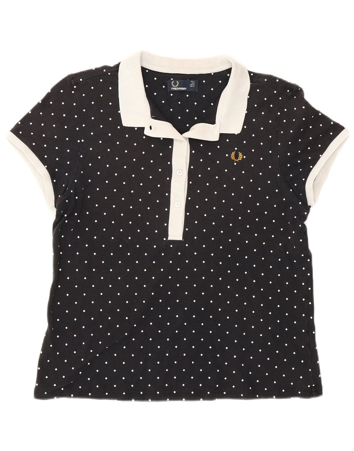 Camisa polo feminina Fred Perry Reino Unido 14 grande algodão manchado preto