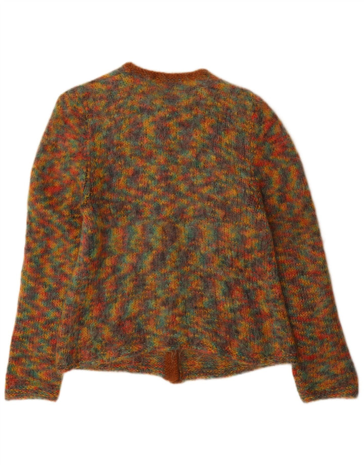 Suéter cardigã feminino vintage Reino Unido 12 médio multicolorido manchado