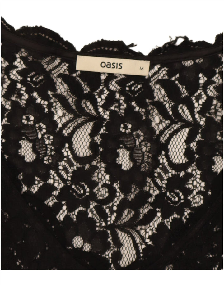 Blusa feminina Oasis de renda transparente Reino Unido 12 médio preto floral
