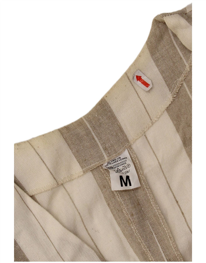 Blusa feminina vintage de manga curta UK 14 linho listrado bege médio