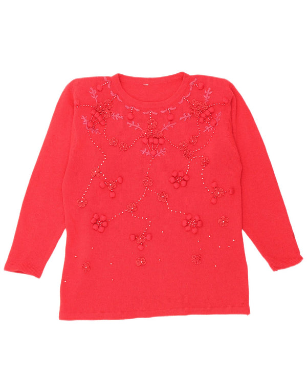 Suéter feminino vintage com gola canoa, uk 16, lã floral vermelha grande