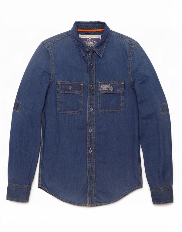 Camisa jeans masculina Superdry pequena azul algodão