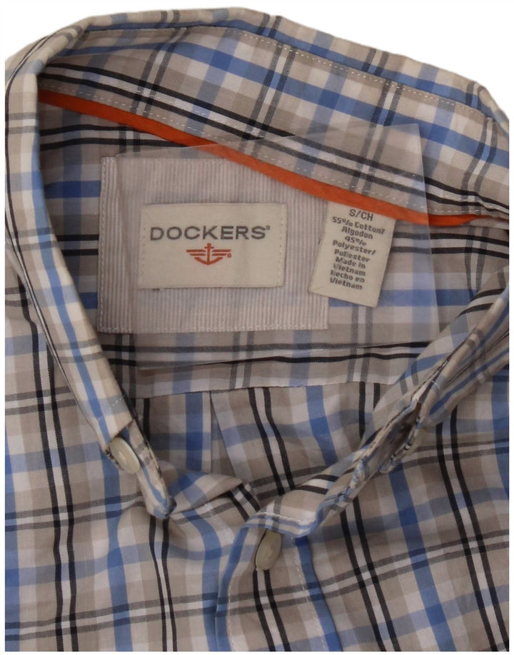 Camisa masculina DOCKERS de manga curta pequena azul xadrez de algodão