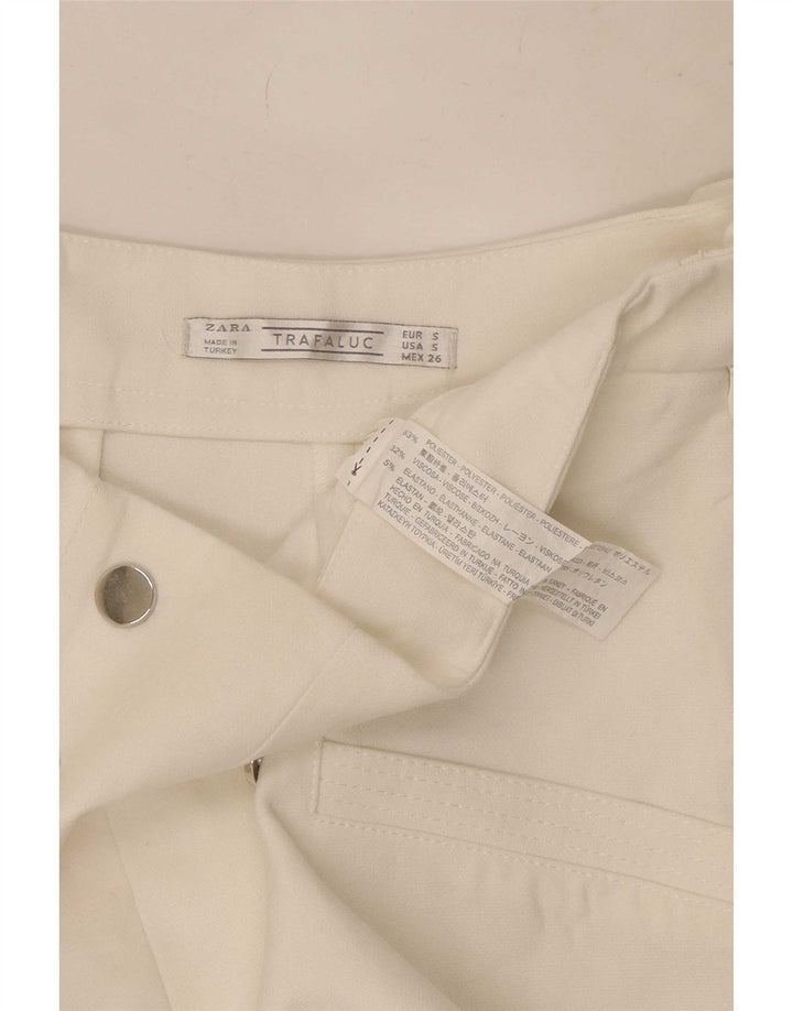 Calça feminina Zara Trafaluc cintura alta pequena W26 poliéster branco