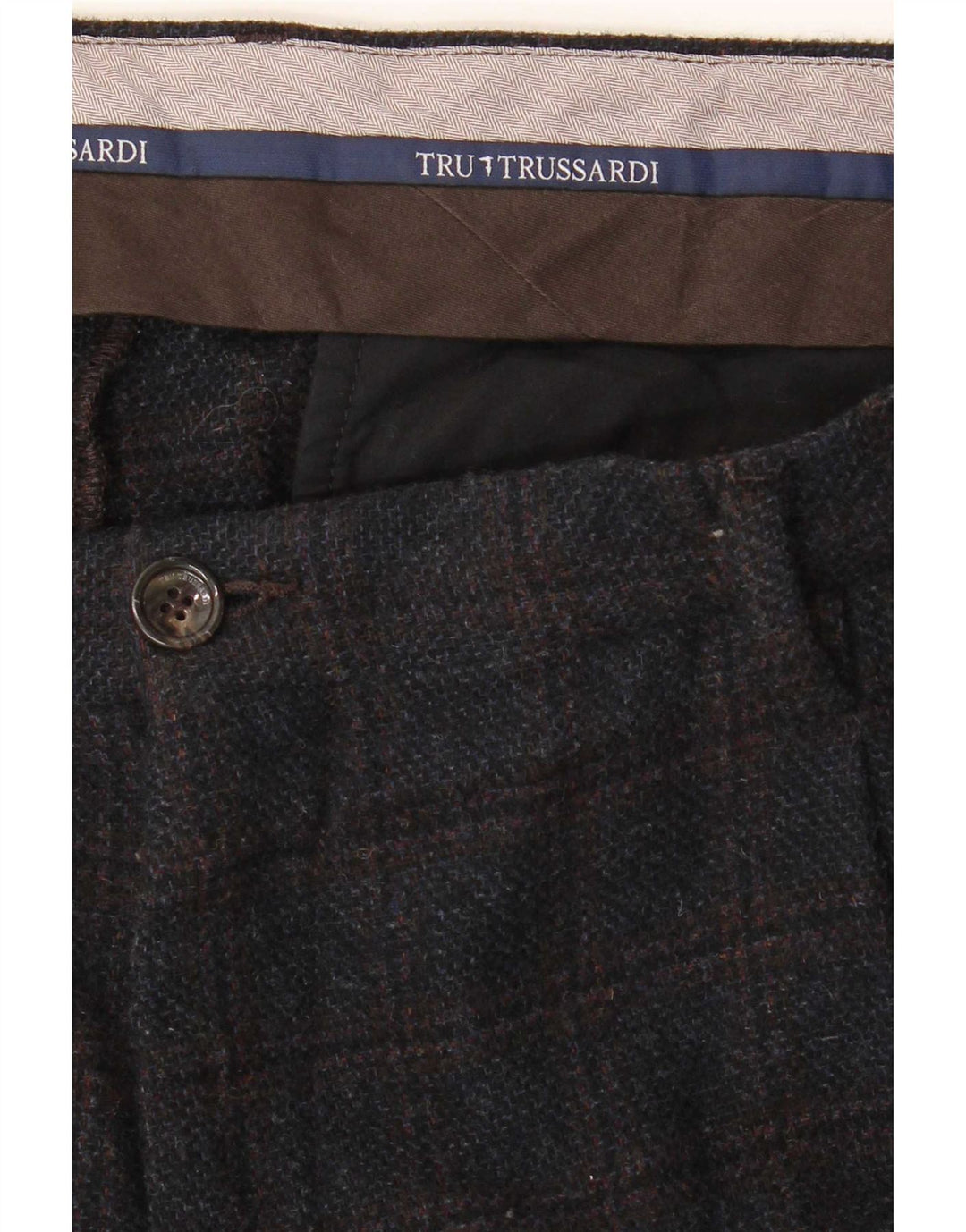 Calça masculina Trussardi de terno reto W38 L33 azul marinho xadrez