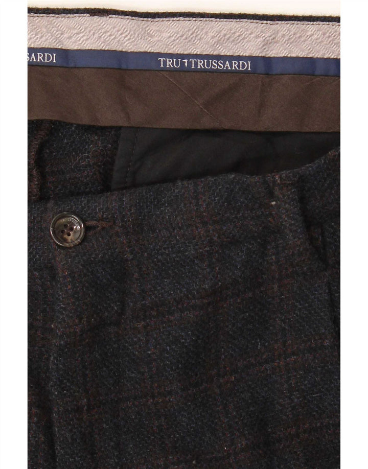 Calça masculina Trussardi de terno reto W38 L33 azul marinho xadrez