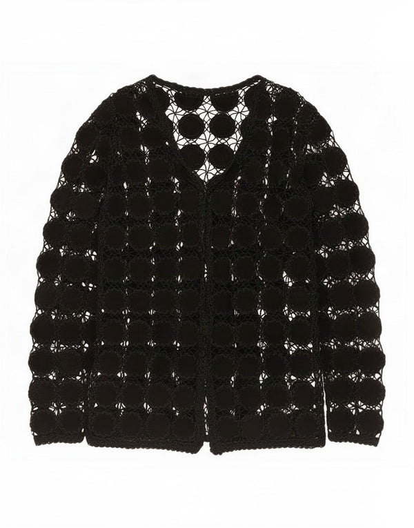 Cardigan de crochê transparente feminino vintage UK 14 médio preto