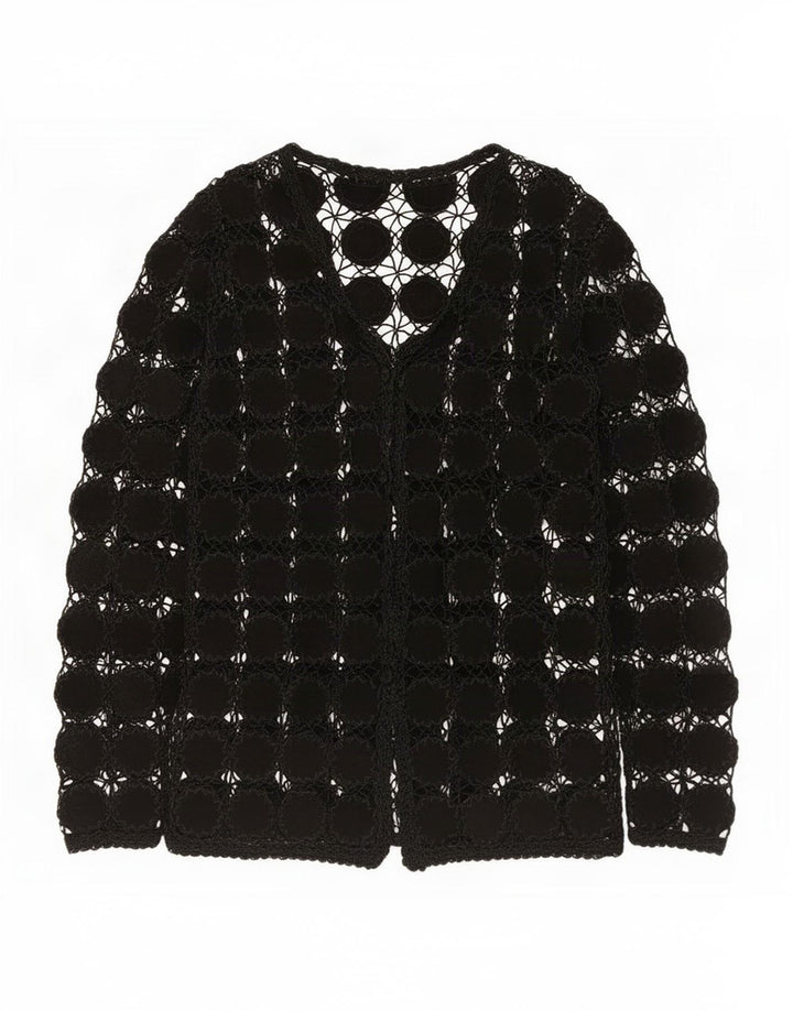 Cardigan de crochê transparente feminino vintage UK 14 médio preto