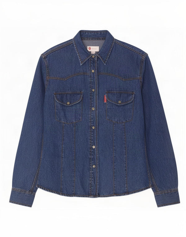 Camisa jeans feminina vintage UK 10 pequena azul