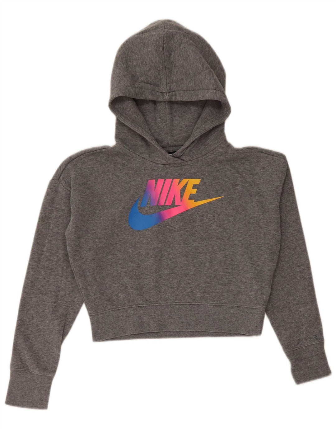 NIKE Girls Crop Graphic Hoodie Jumper 10-11 anos cinza médio manchado
