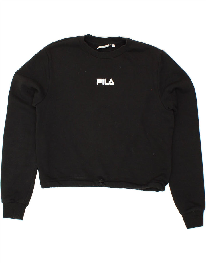 FILA Womens Oversized Graphic Crop Sweatshirt Jumper UK 6 XS Black Cotton Vintage Fila and Second-Hand Fila from Messina Hembry 