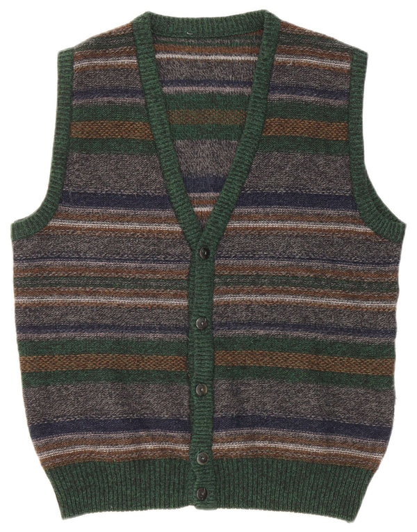 Suéter cardigã masculino vintage sem mangas, lã listrada multicolorida média