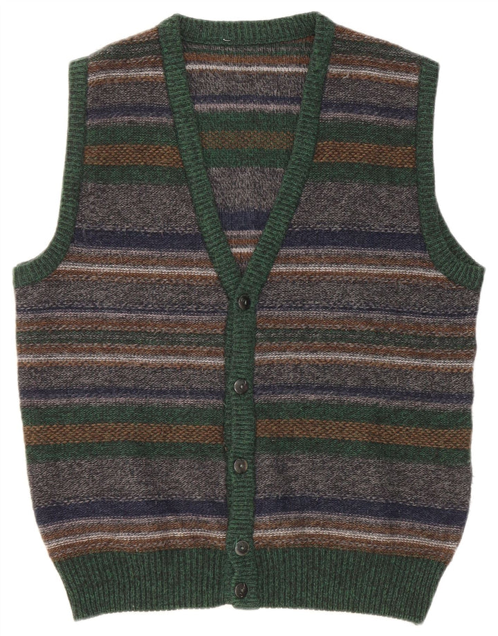 Suéter cardigã masculino vintage sem mangas, lã listrada multicolorida média