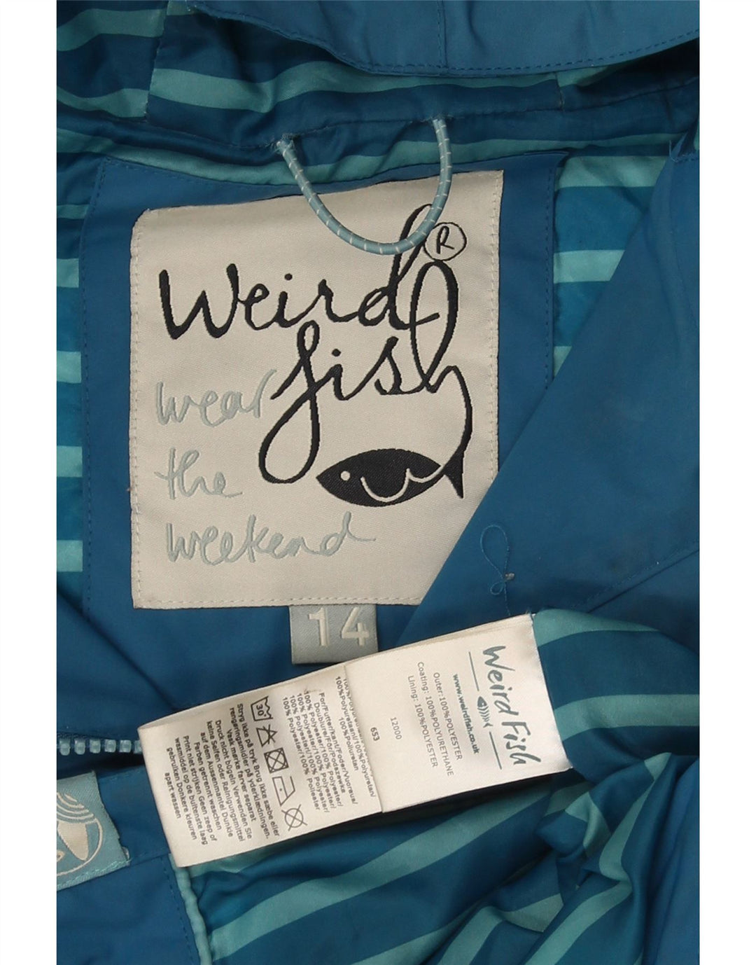 Jaqueta corta-vento feminina com capuz Weird Fish Reino Unido 14 grande listrada azul