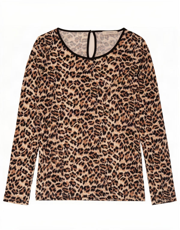 Blusa feminina de manga comprida Oasis UK 12 marrom médio com estampa animal viscose