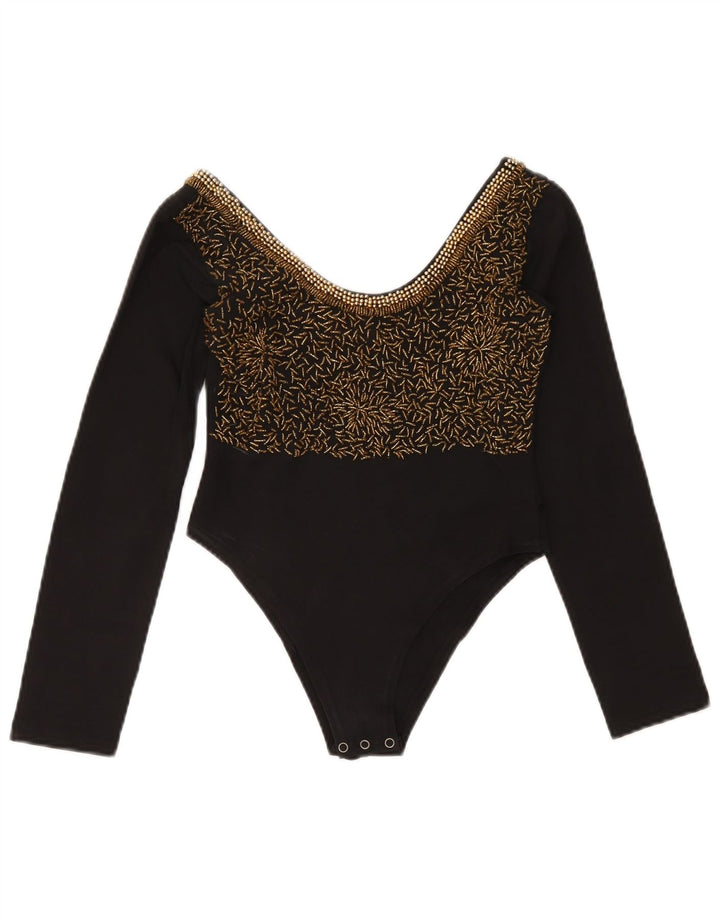 Body feminino vintage de manga comprida UK 12 algodão preto médio