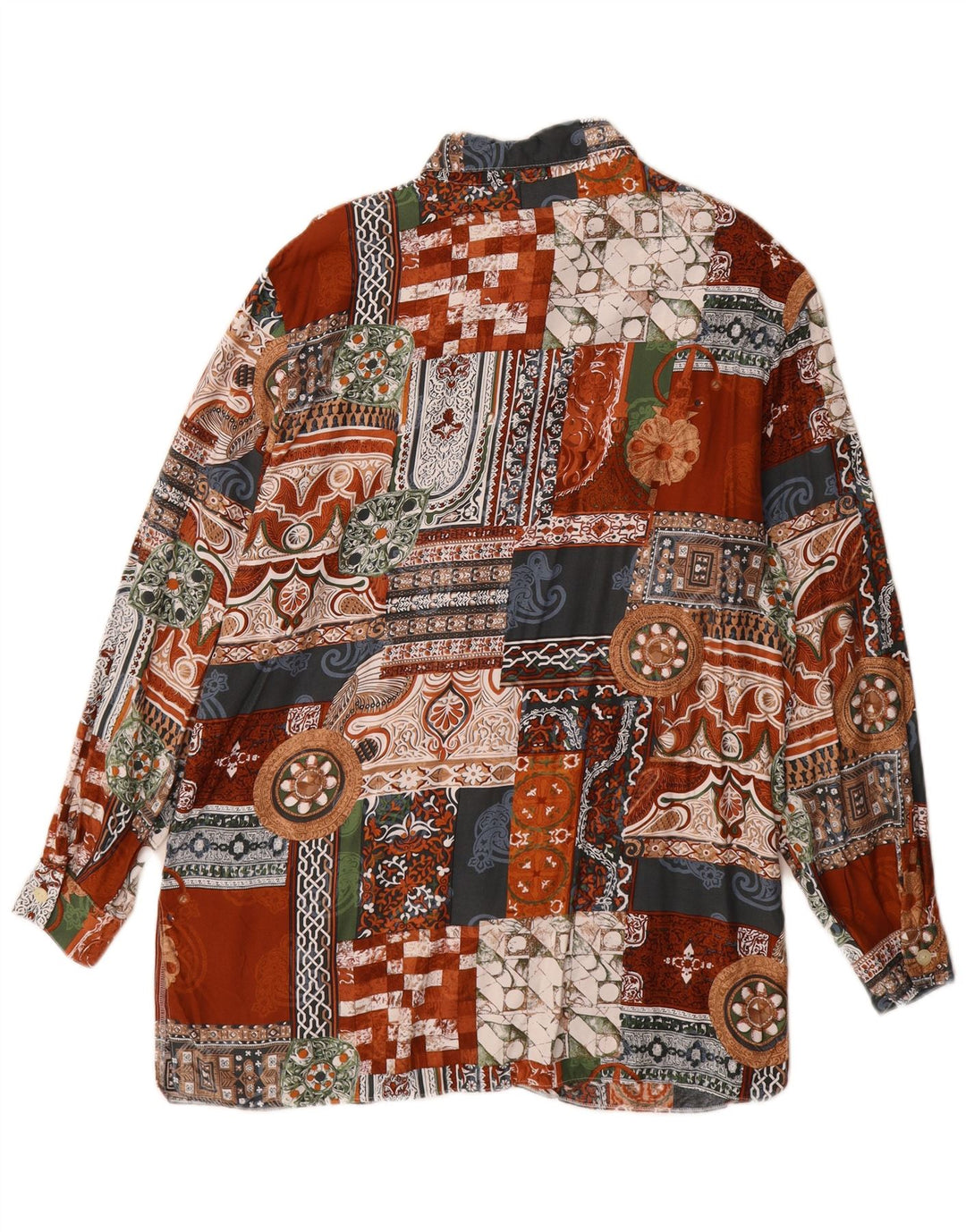 Camisa feminina vintage longline UK 14 grande patchwork multicolorido viscose