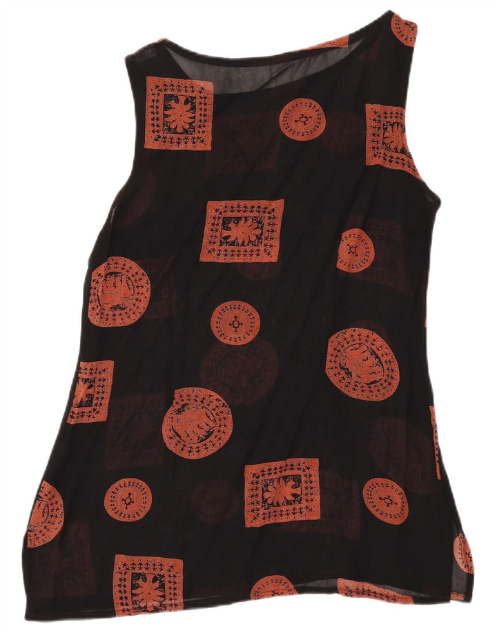 Túnica feminina vintage sem mangas UK 12 patchwork preto médio