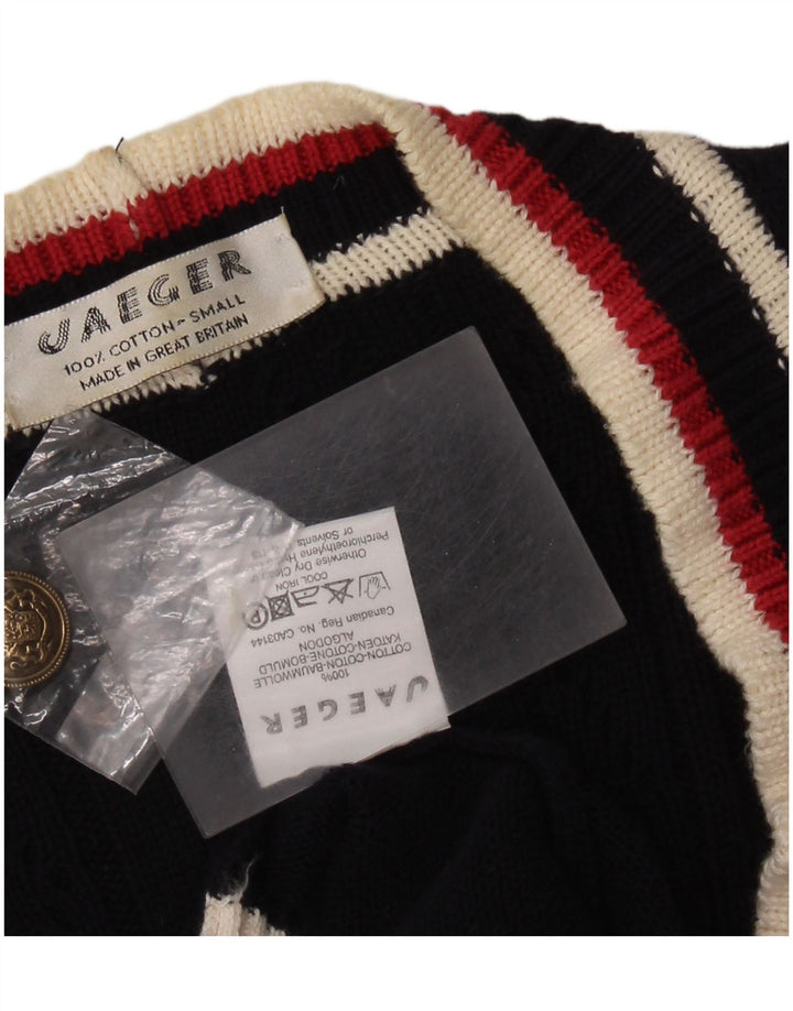 Suéter cardigã feminino grande JAEGER Reino Unido 10 pequeno bloco colorido azul marinho