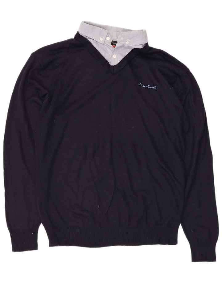 Suéter masculino Pierre Cardin com decote em V médio azul marinho acrílico