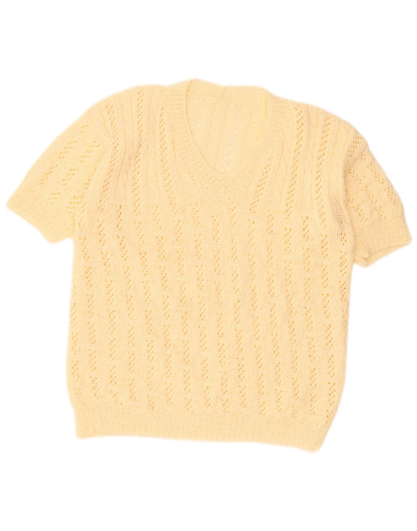 Suéter feminino vintage de manga curta com decote em V UK 18 XL bege