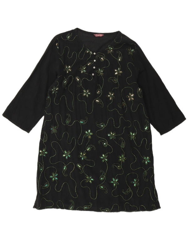 Vestido túnica feminino VINTAGE manga 3/4 UK 18 XL preto floral