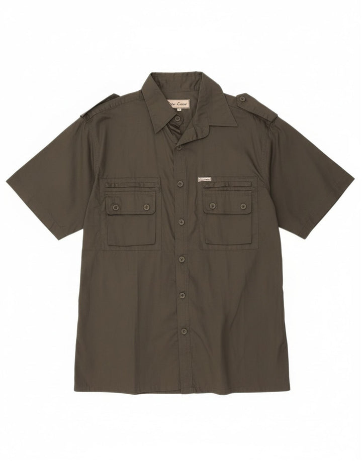 ESSE EMME Camisa militar masculina de manga curta de algodão cáqui médio