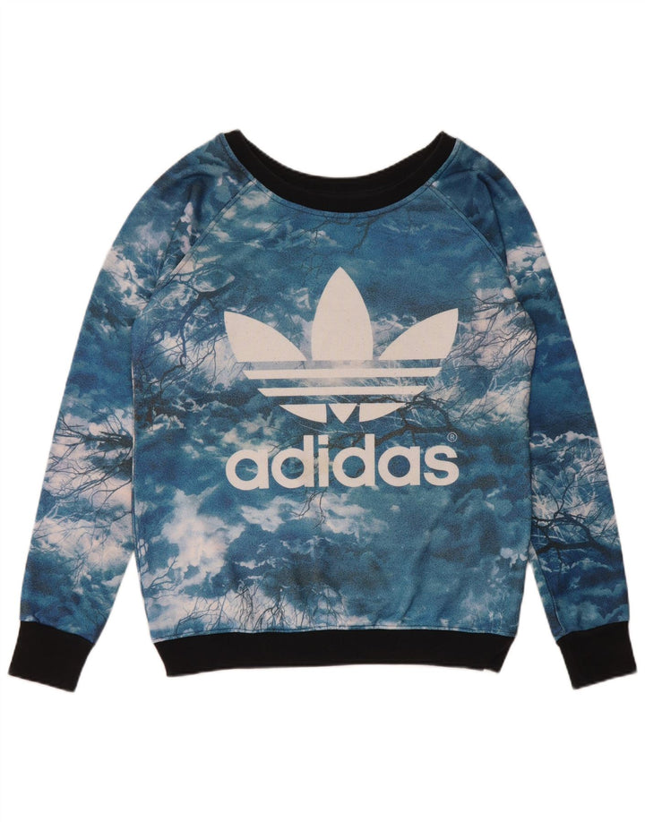 Adidas feminino gráfico moletom jumper UK 14 grande azul tie-dye poliéster